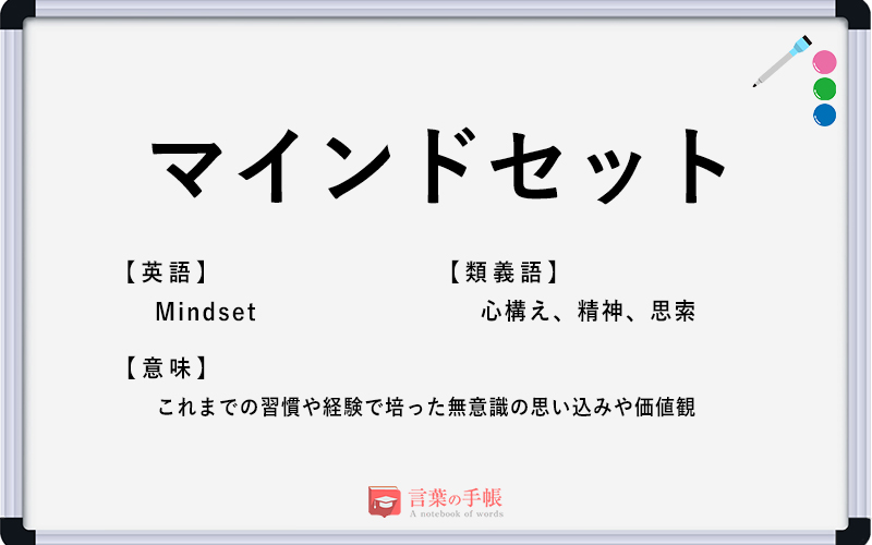 マインドセット」の使い方や意味、例文や類義語を徹底解説！ | 「言葉の手帳」様々なジャンルの言葉や用語の意味や使い方、類義語や例文まで徹底解説します。